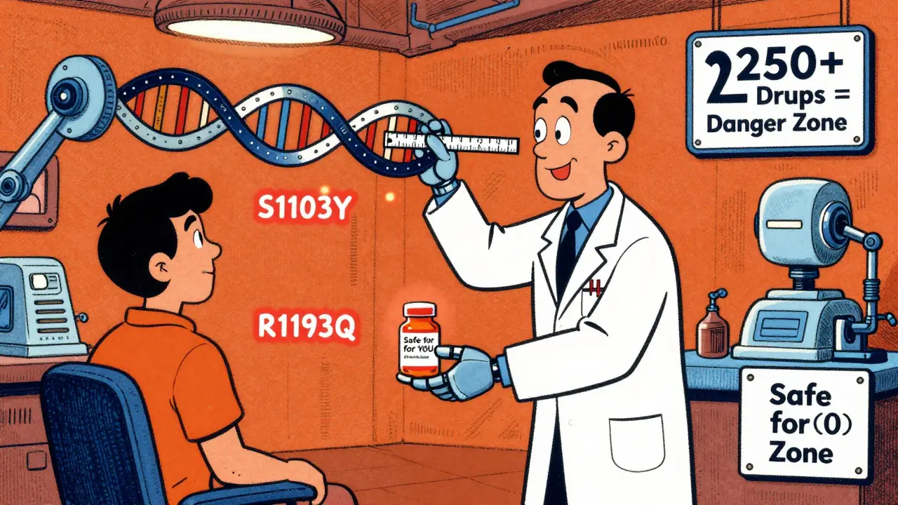 Scientist scanning DNA with glowing gene variants, robot handing safe pill in futuristic vintage cartoon clinic.