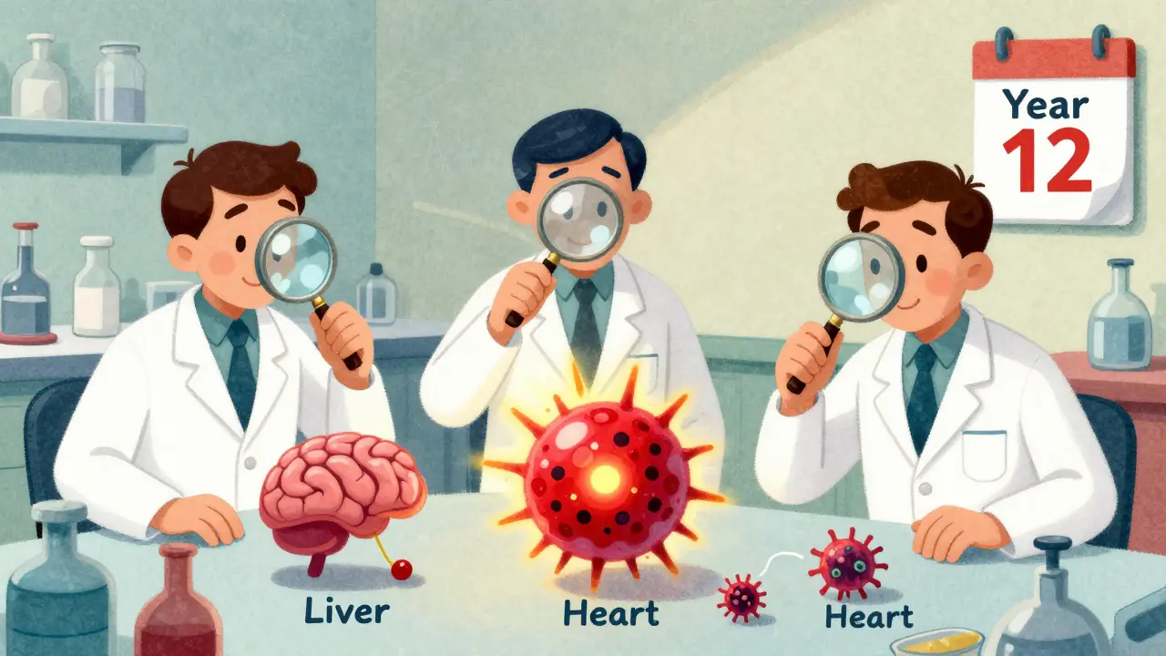 Scientists studying organoids with drug interactions and cancer emerging, labeled year 12.