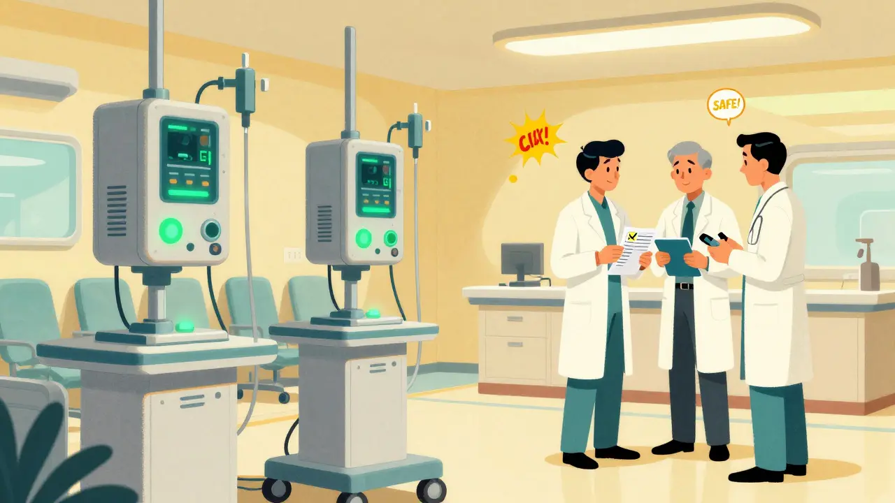Smart pumps block errors while clinicians verify safely in retro-futuristic hospital.
