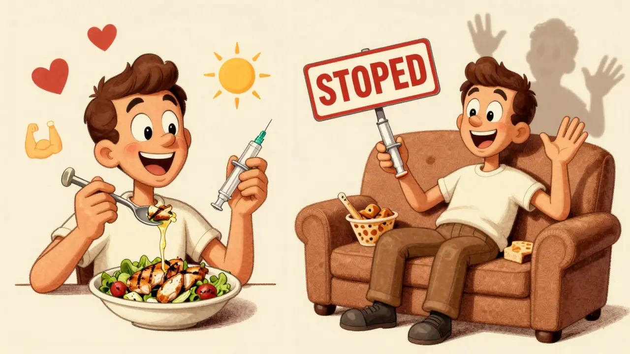 Split cartoon scene: healthy person with GLP-1 injector vs. same person backsliding into junk food.