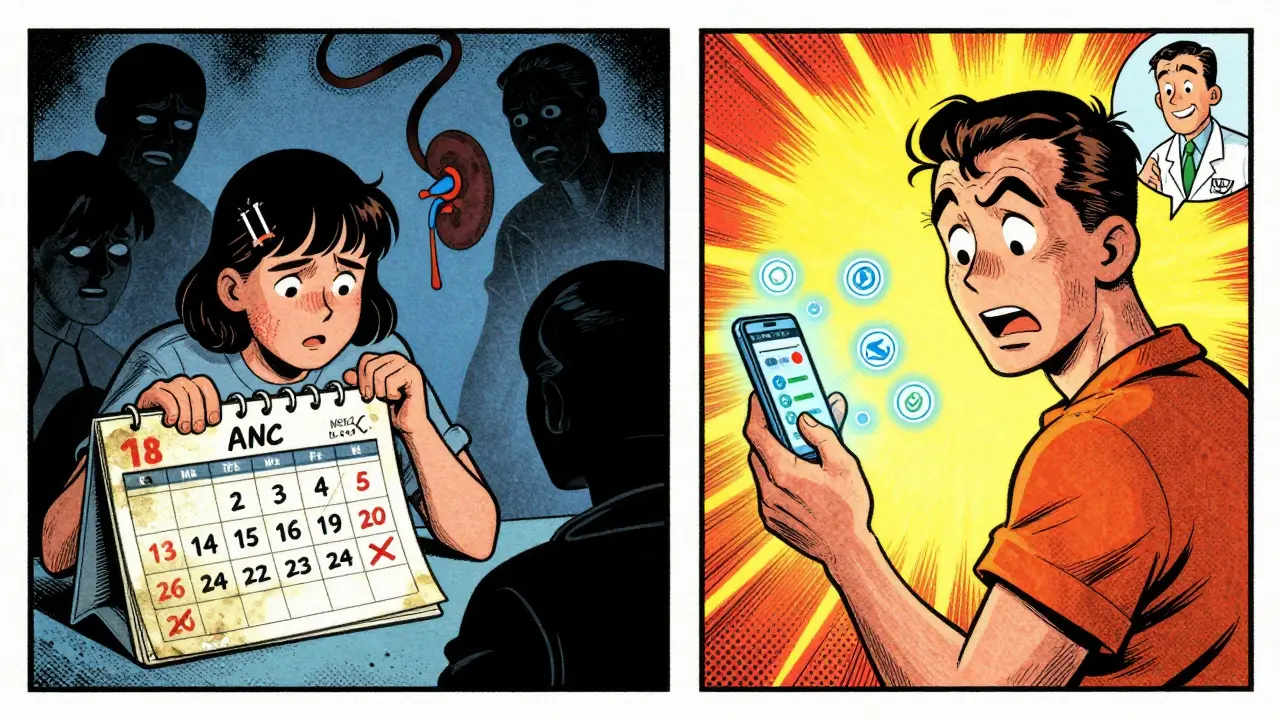 Split cartoon scene: one side shows neglect of lab tests with dark threats, the other shows digital tracking with a hopeful doctor call.