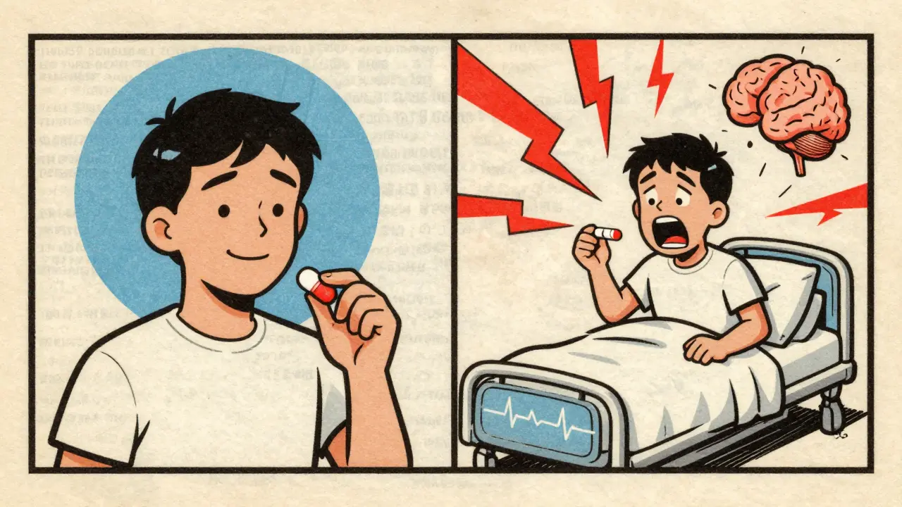 Split image: one side calm with SAMe alone, the other chaotic with SAMe and antidepressant causing danger.