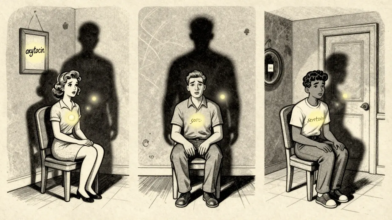 Three diverse parents with fading love hormone orbs in isolated, shadow-filled rooms.