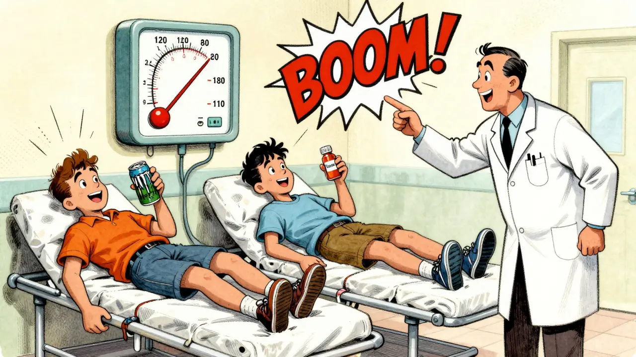 Three teens in an ER with a wildly spiking blood pressure monitor, in vintage cartoon style.