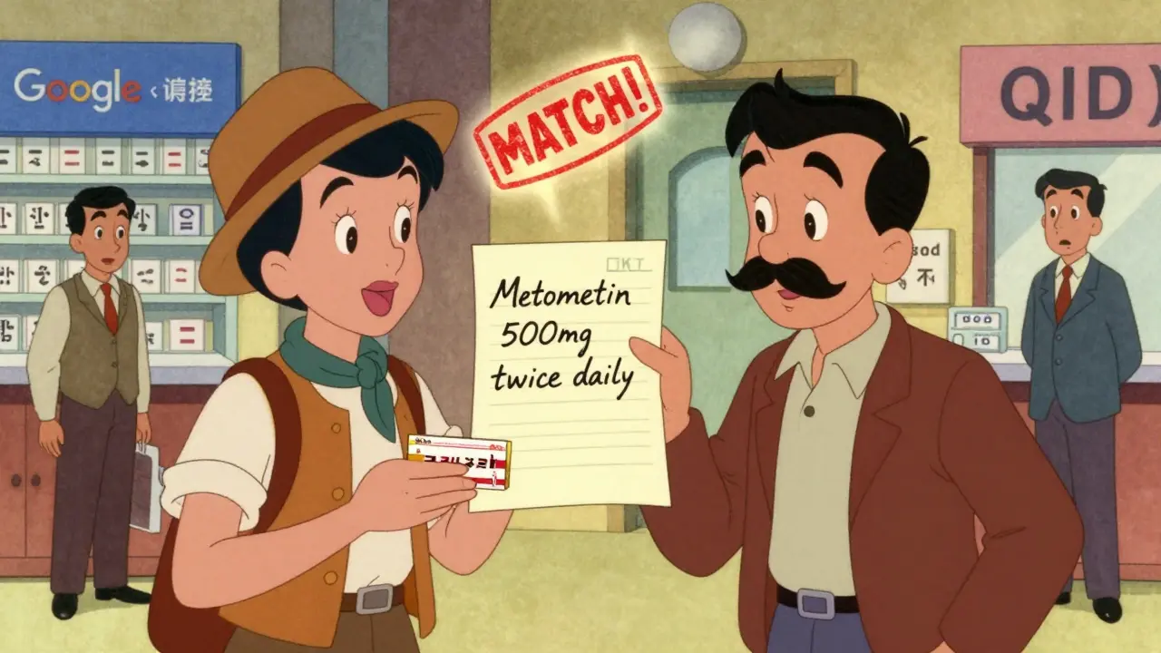 Traveler successfully matches metformin prescription with Japanese medication, calm and confident, while chaotic translation errors fade in background.
