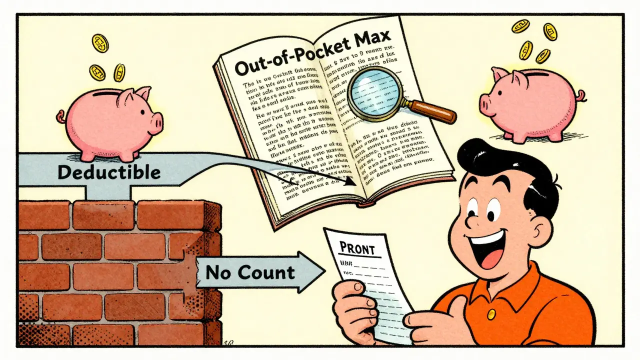 Two paths show prescription copays counting toward out-of-pocket max but blocked from deductible, in classic comic style.