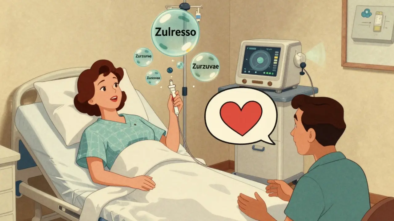 Woman receiving IV treatment with floating medication bubbles and therapist in vintage cartoon style.