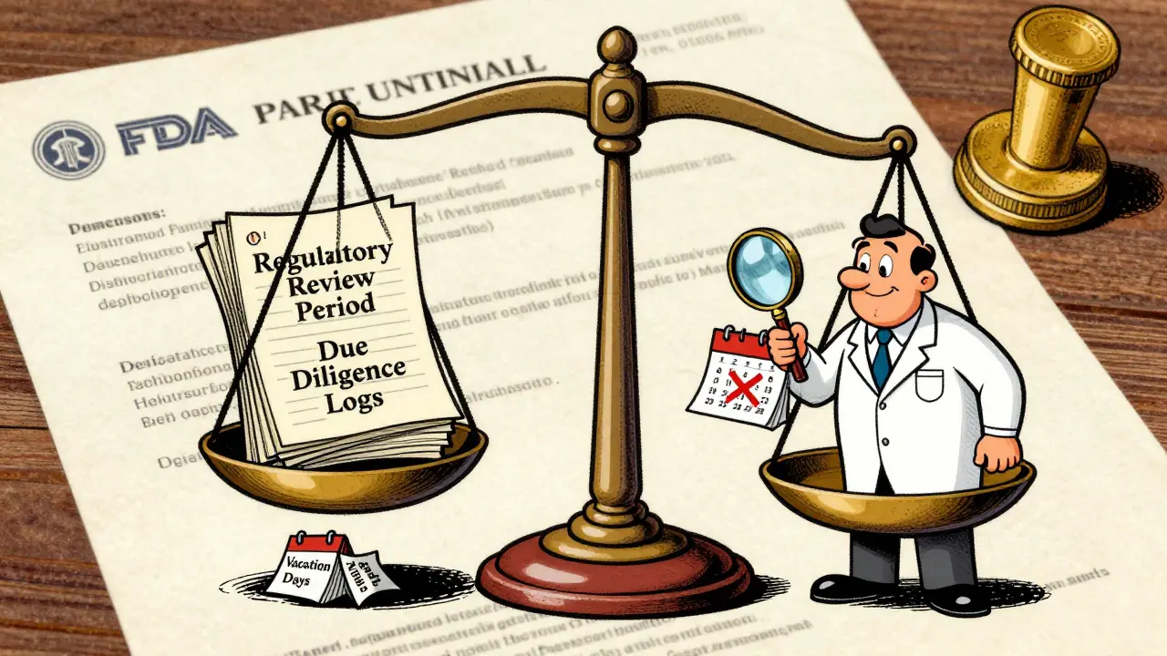 A legal scale balances regulatory paperwork against missed deadlines, with an FDA inspector scrutinizing a 17-day gap in records.