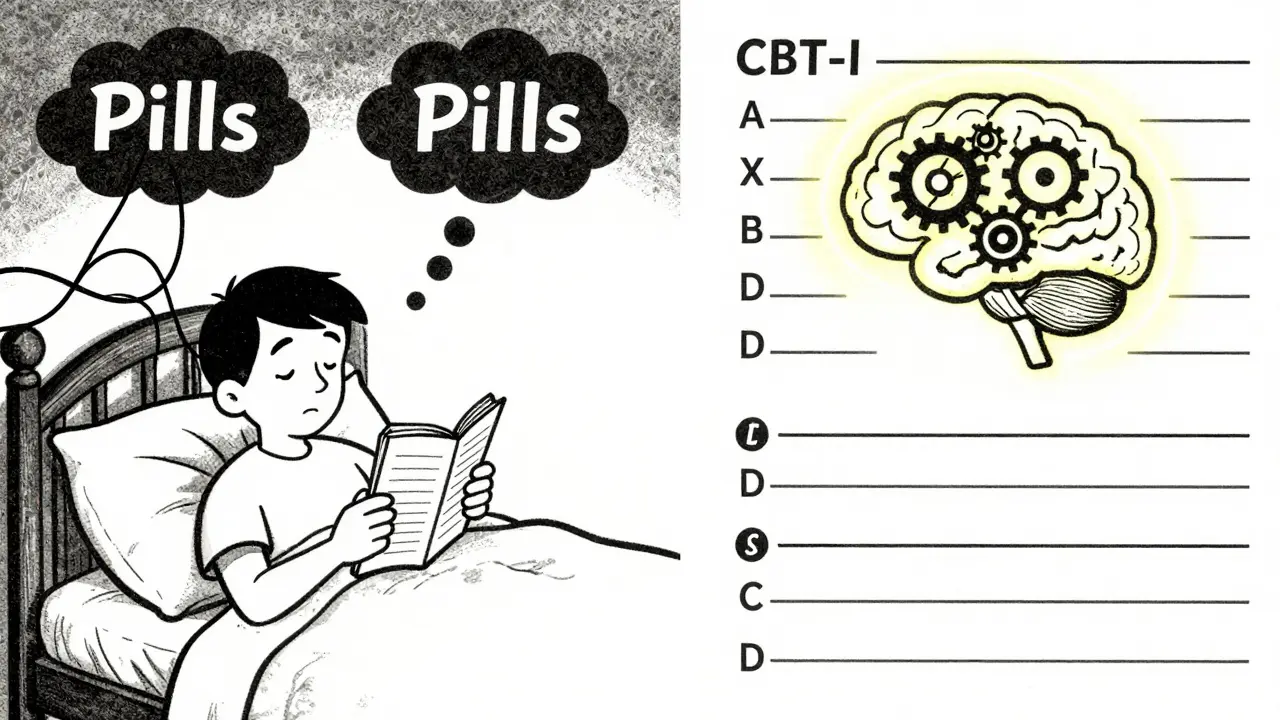 A person holding a sleep diary as one side of the room shows tangled pills and the other shows a glowing, reprogramming brain, symbolizing CBT-I's lasting solution.