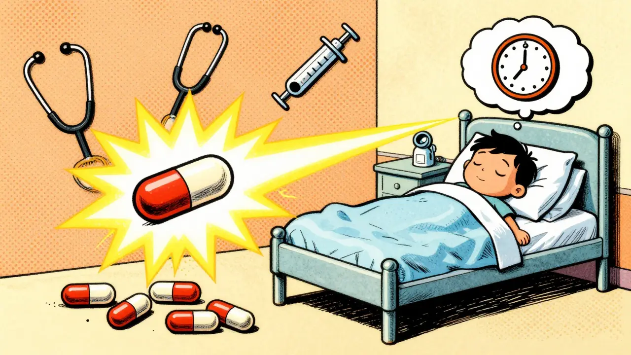 A single dexamethasone pill shines brightly in an ER, while five prednisone pills lie scattered.