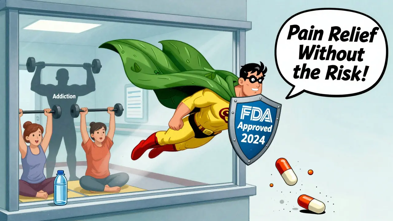 A superhero called Journavx defeating opioid pills in mid-air as patients recover with movement and wellness.