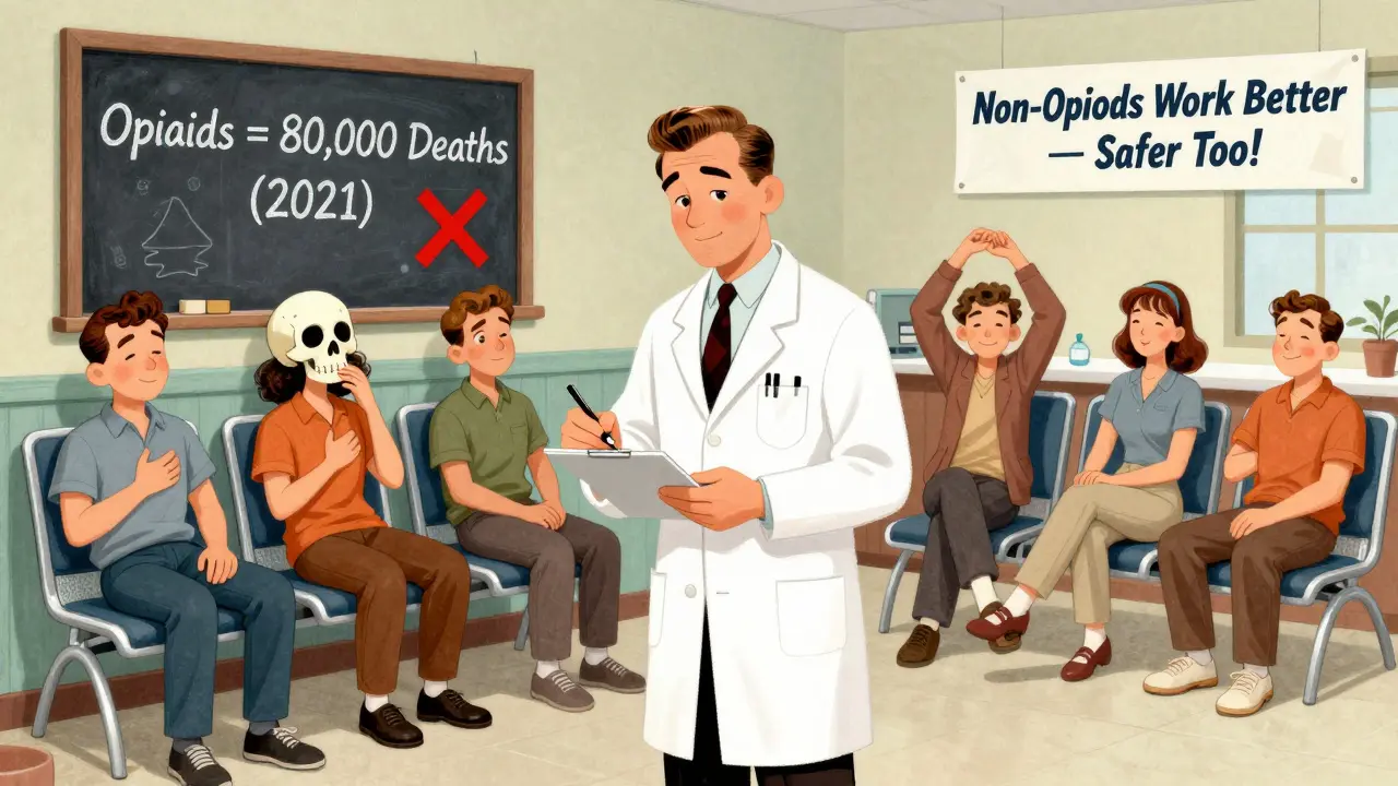 A vintage-style doctor prescribing opioids while patients suffer side effects, contrasted with a modern clinic where people are pain-free and active.