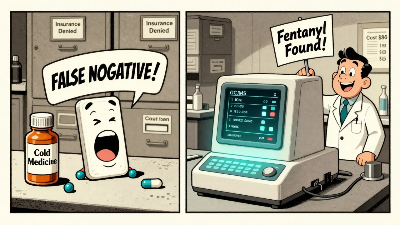 Contrasting urine tests: one shows false negative with hidden hydrocodone, the other confirms fentanyl with glowing machine.