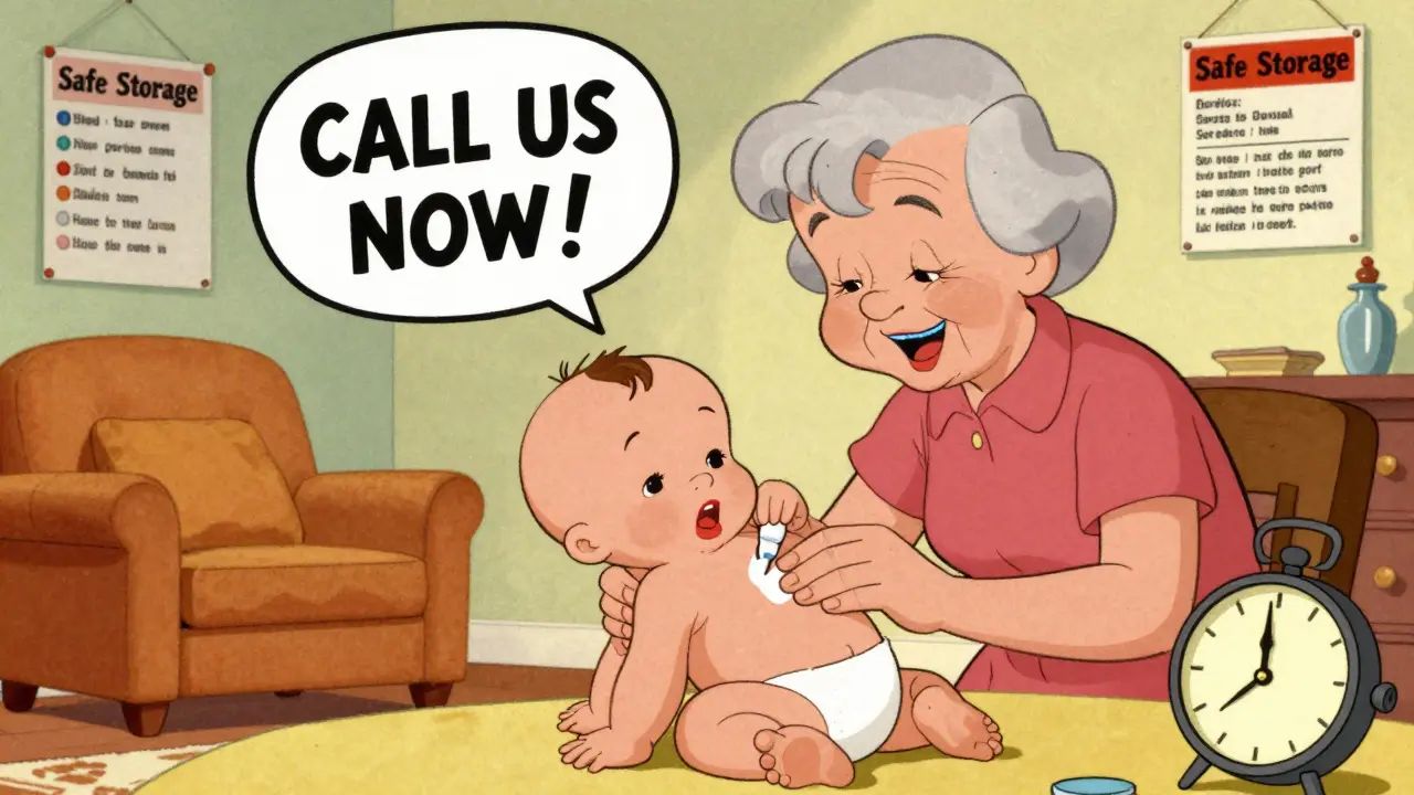 Grandparent applying adult cream to baby as poison control symbol alerts the family.
