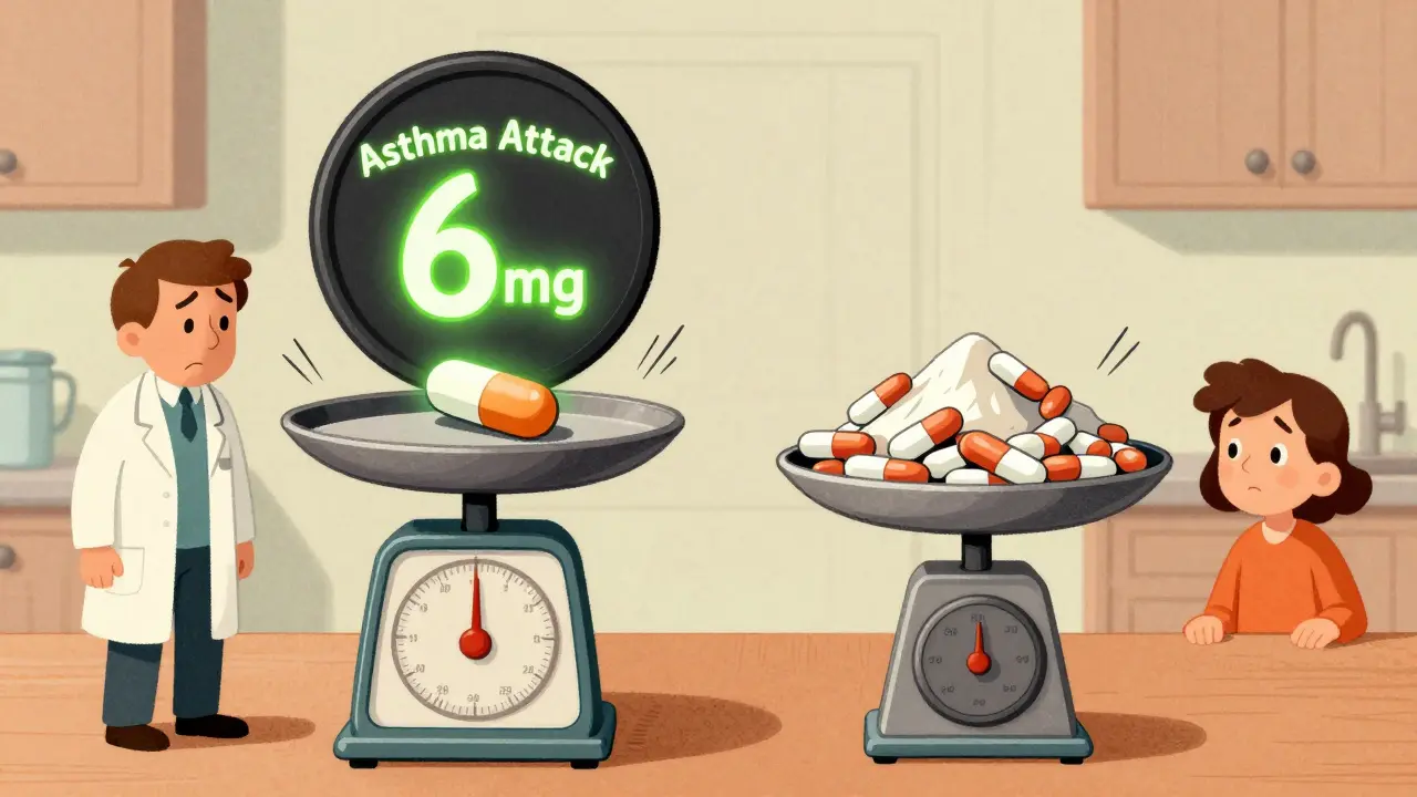 One dexamethasone tablet balances a heavy asthma weight, outmatching a pile of prednisone pills.