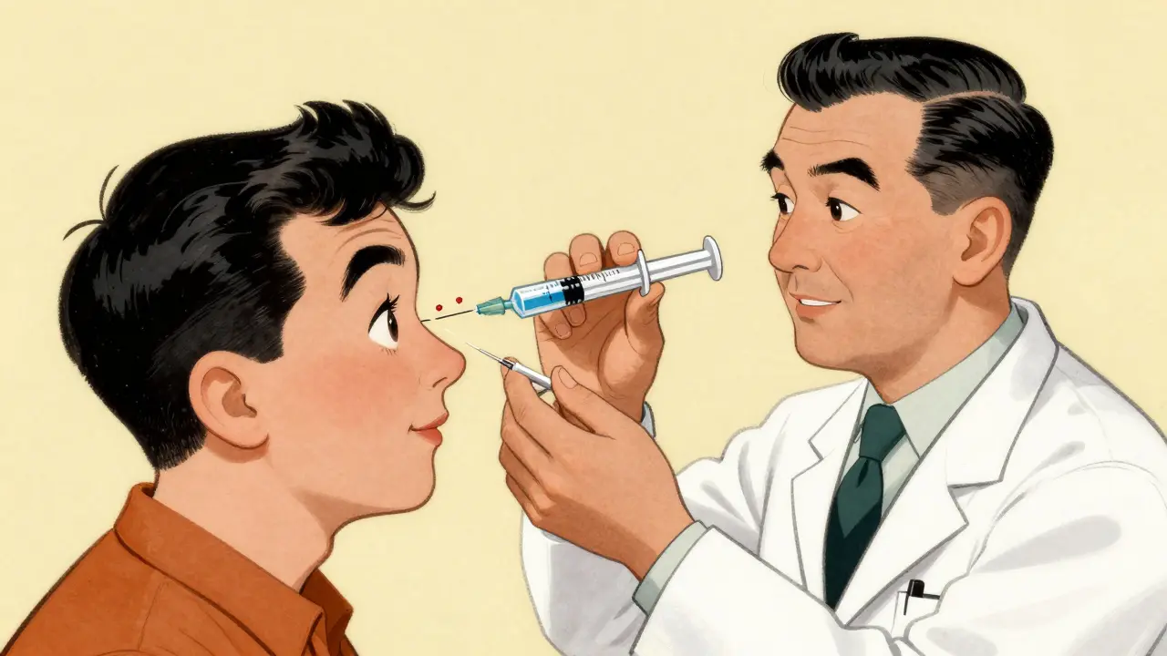 Ophthalmologist administering anti-VEGF injection to patient's eye