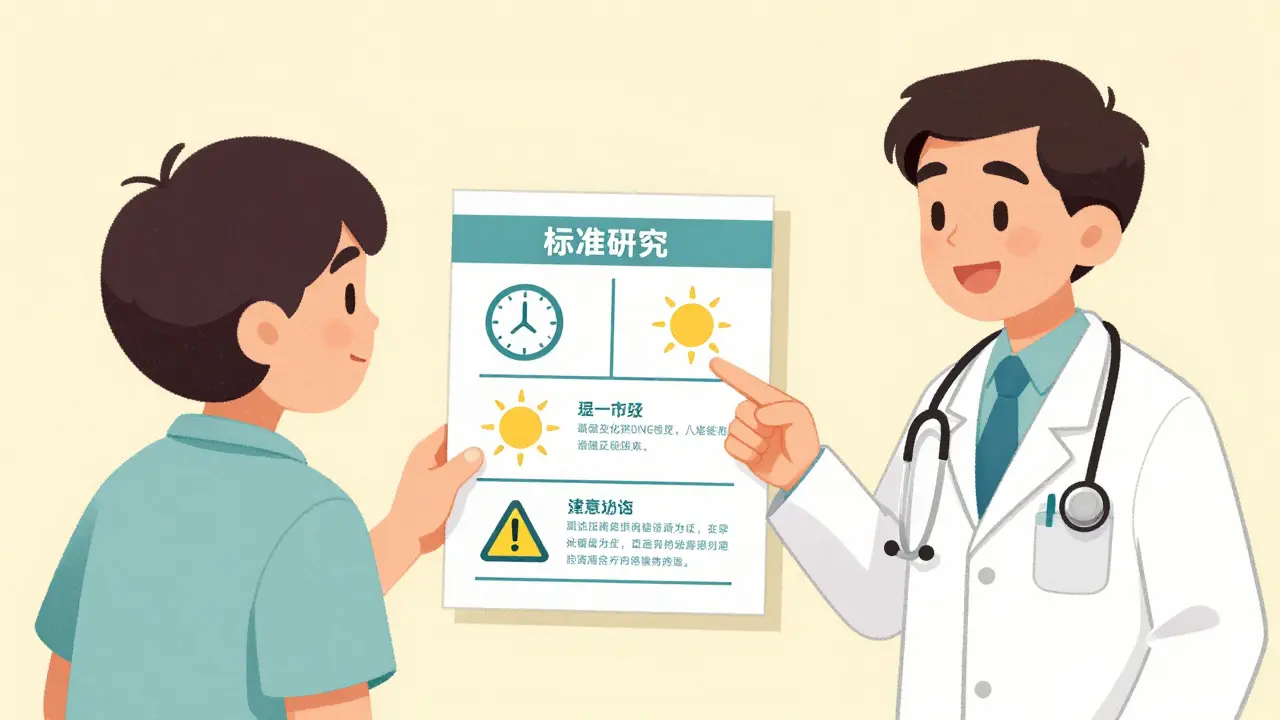 Patient reviewing structured medication guide with visual icons