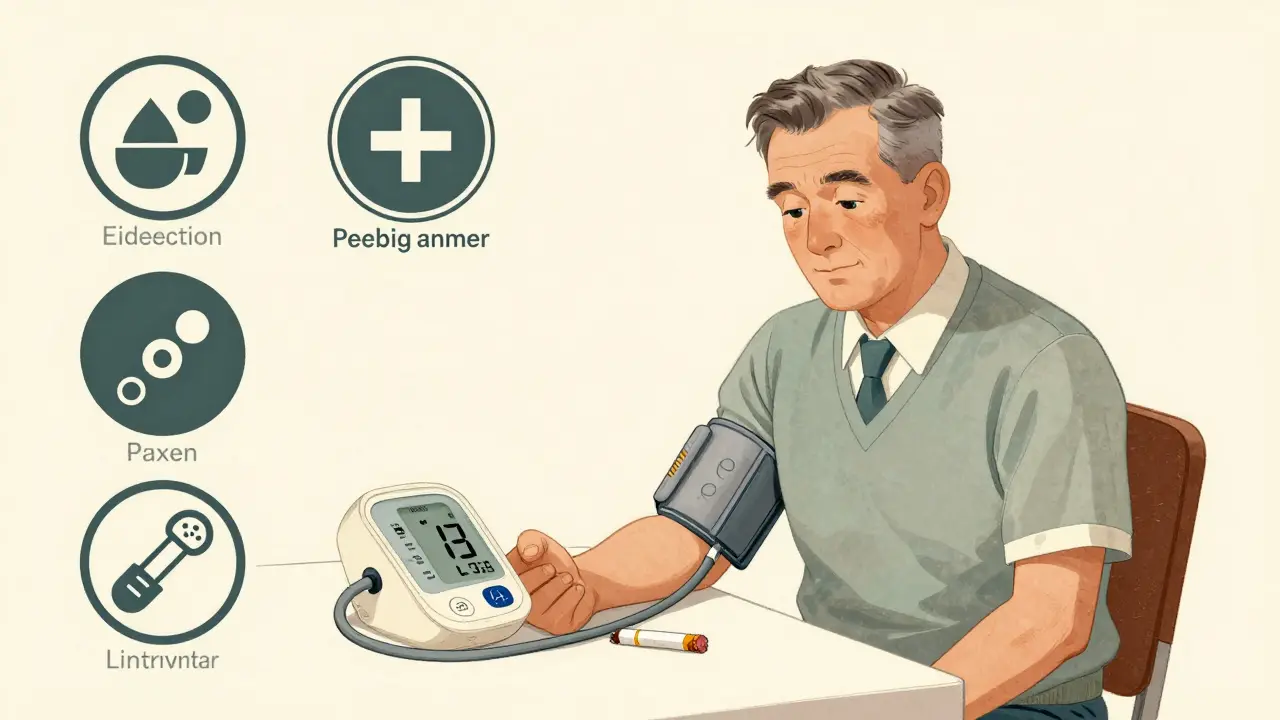 Patient with hypertension monitor, cigarette, and diabetes symbols for RVO risk factors