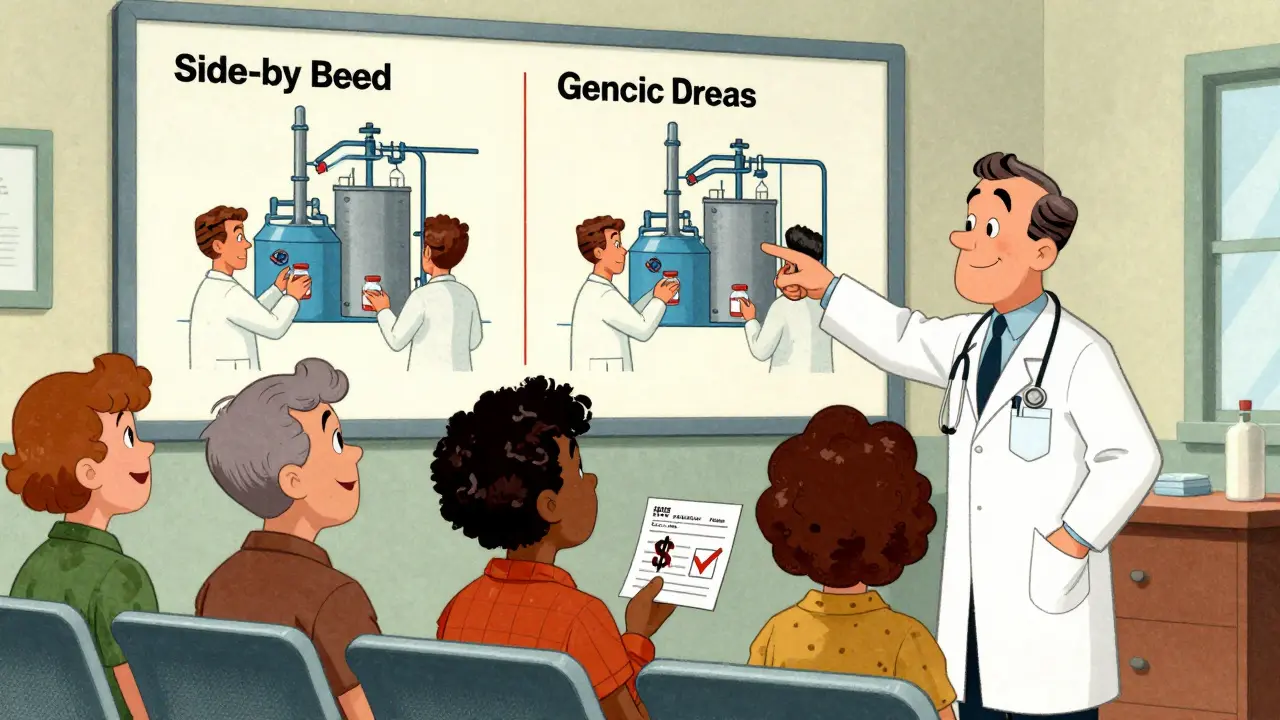 Patients in a clinic viewing an infographic showing identical manufacturing of generic and brand drugs.