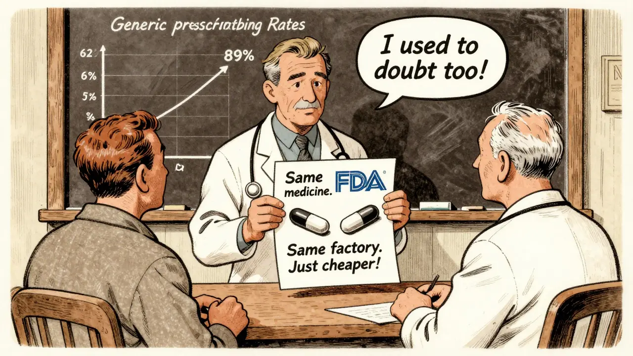 Rural doctor showing patient an infographic about generics, with a rising prescribing rate graph on chalkboard.