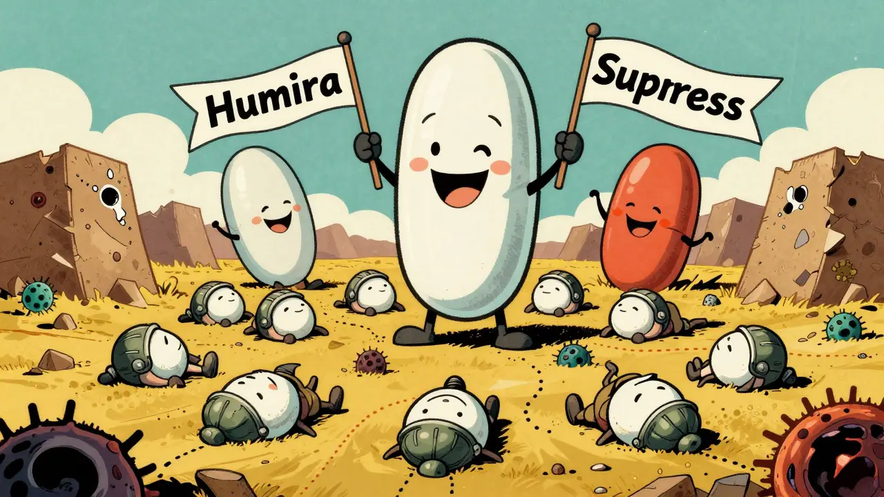 Tiny immune soldiers defeated by giant immunosuppressant drugs in a retro comic battlefield.