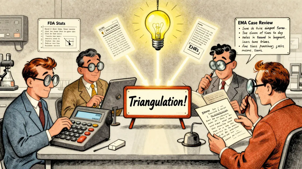 Vintage cartoon lab scene with two teams analyzing drug signals, converging data streams forming a warning sign.
