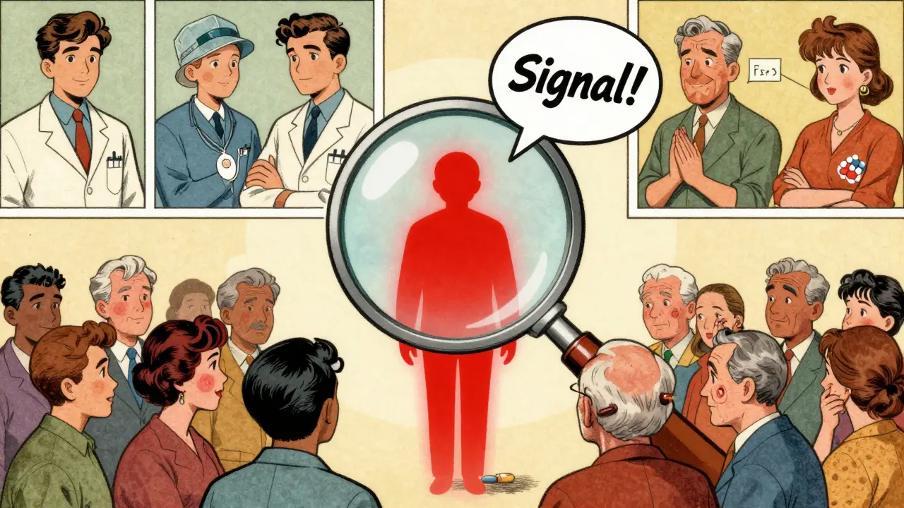 Vintage cartoon magnifying glass over diverse patients, contrasting clinical trial subjects with real-world users showing side effects.