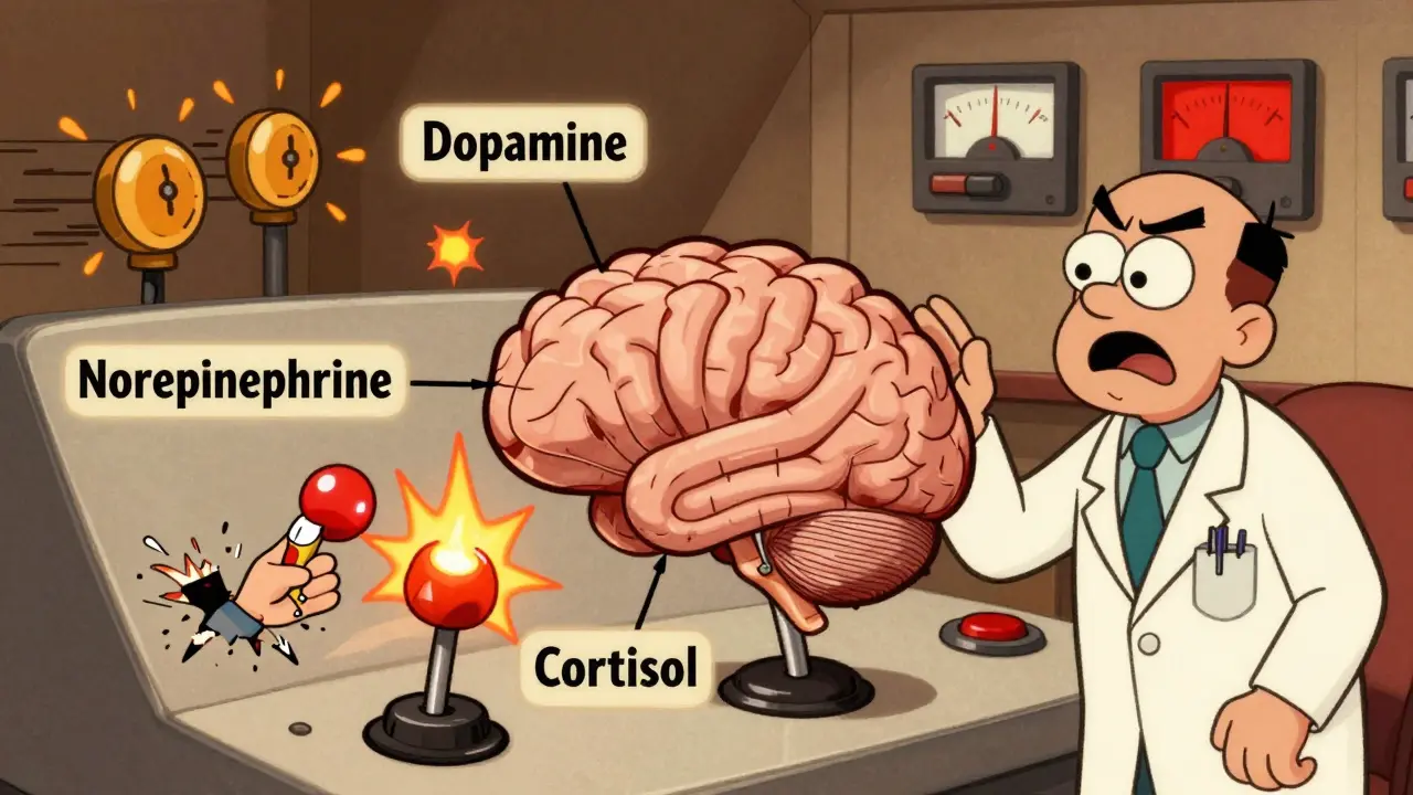 A brain control room with overstimulated levers labeled with neurotransmitters, causing alarms and sparks from a pill being pulled too hard.
