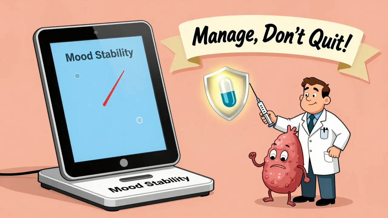 A humorous scale balancing mood stability against thyroid symptoms, with levothyroxine and selenium as protective solutions.