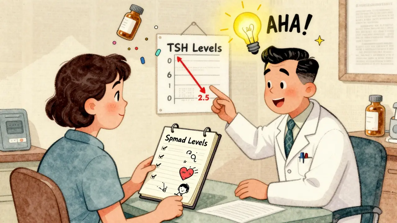 A patient and doctor reviewing a symptom log as medication bottles dissolve into confetti, with a lightbulb above them signaling relief.
