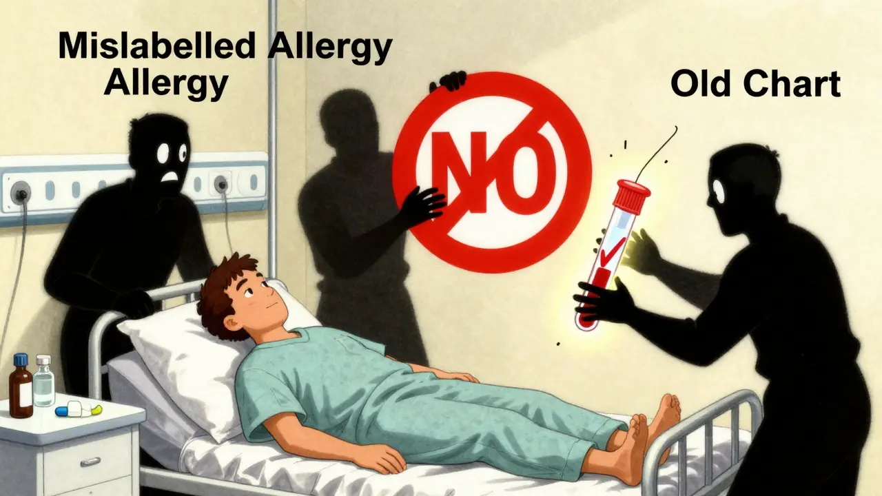A patient receiving the right antibiotic while outdated allergy labels are blocked by glowing test results breaking through.