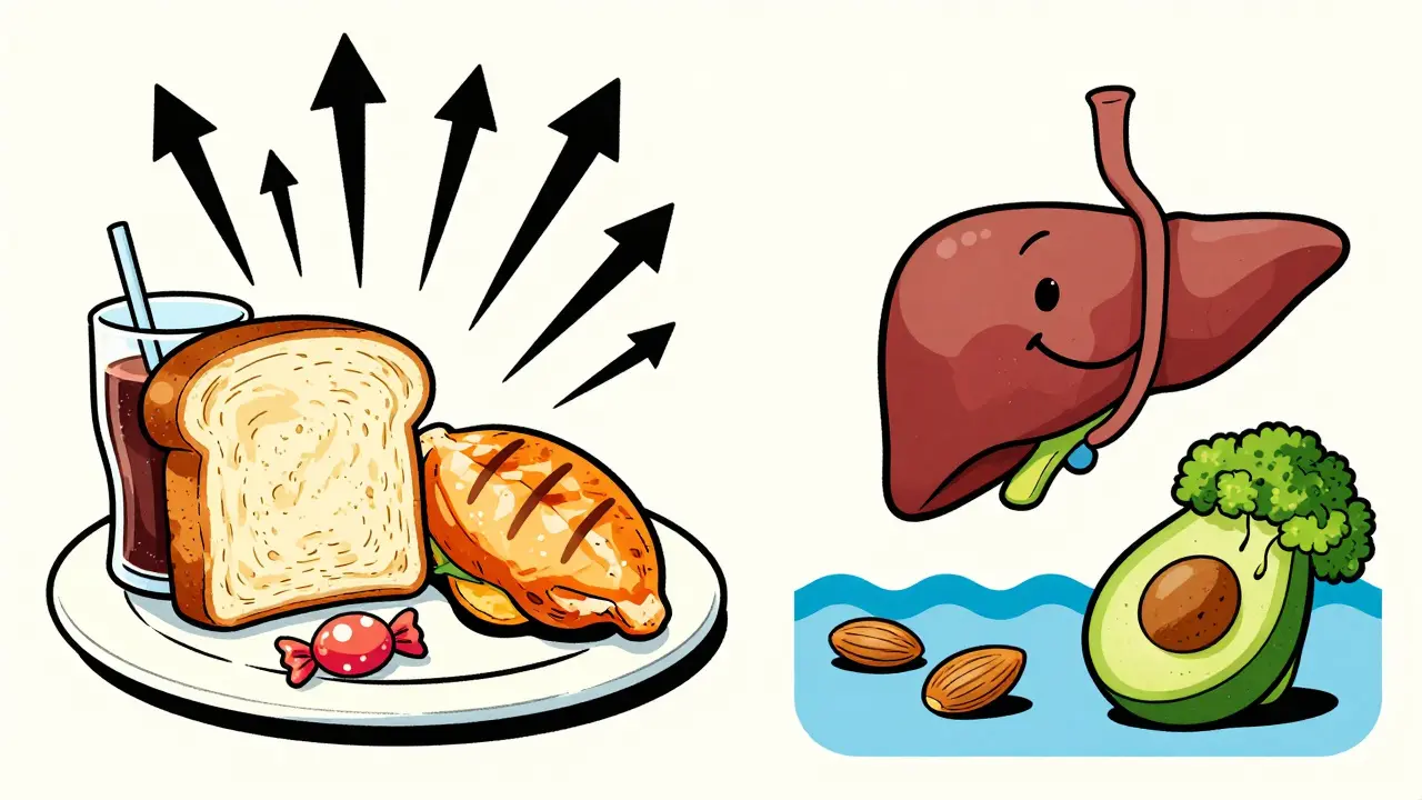 A split plate showing unhealthy carbs causing chaos vs. balanced meals bringing calm, in vintage comic illustration style.