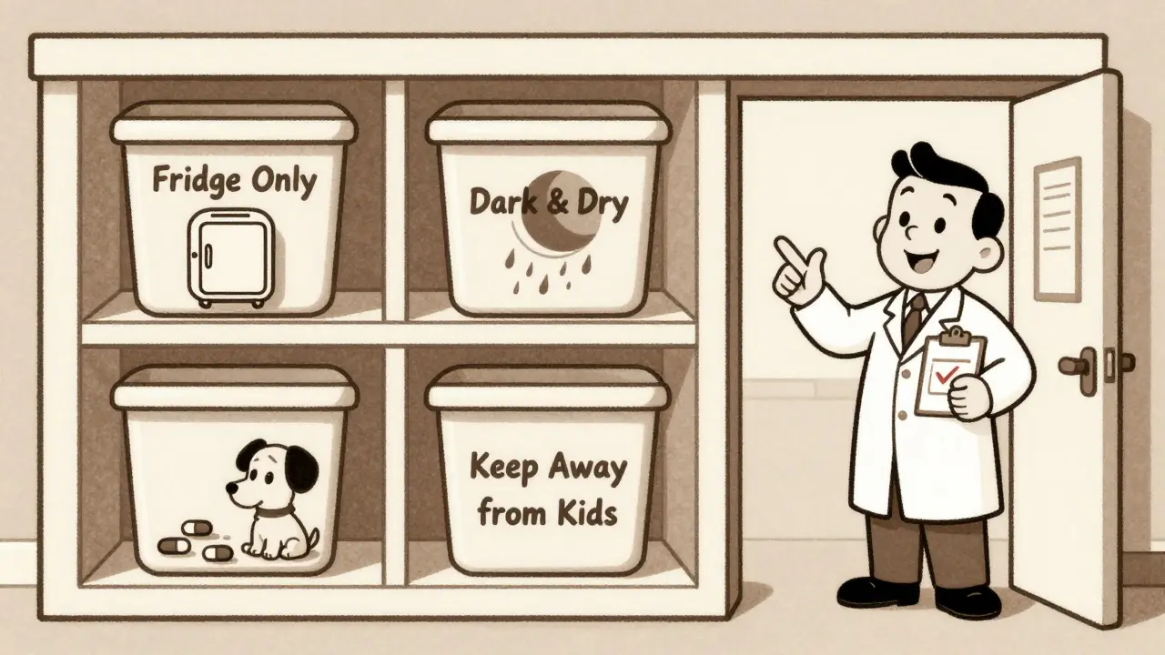 A tidy bedroom cabinet with labeled medicine containers and a smiling pharmacist guiding storage.