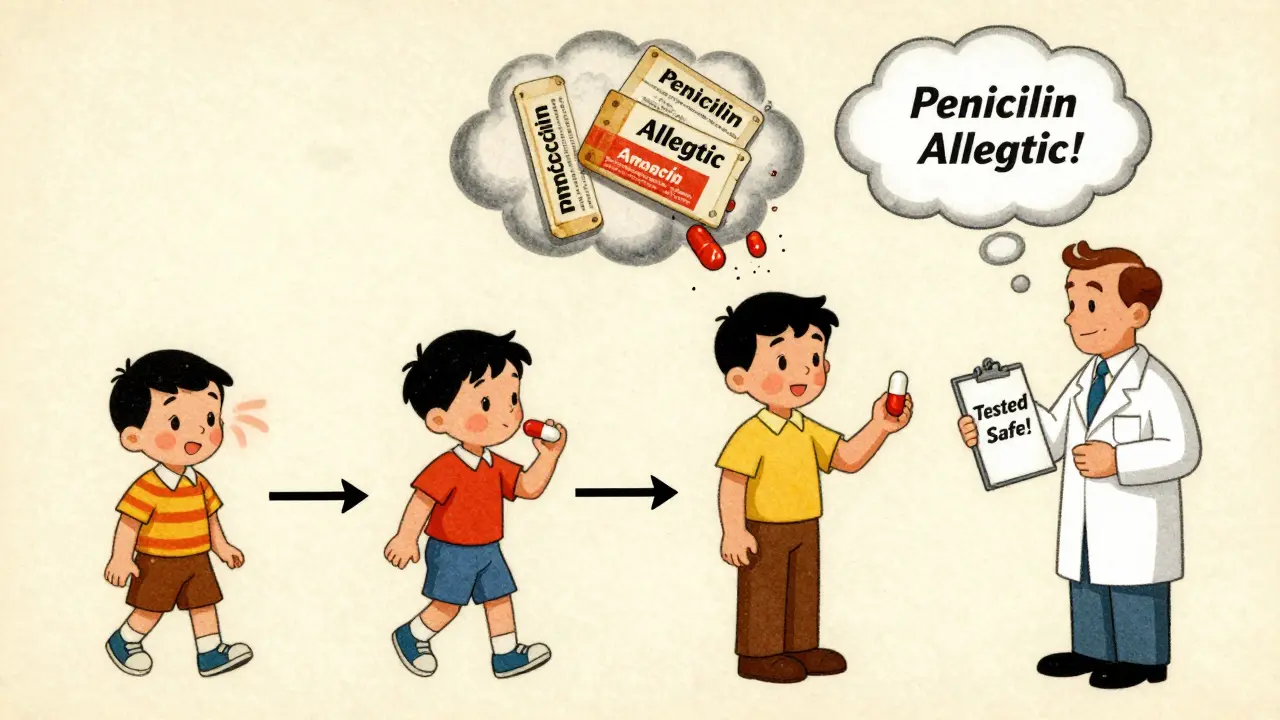 A timeline showing a child with a rash from penicillin, then an adult safely taking it after testing, with old labels fading away.