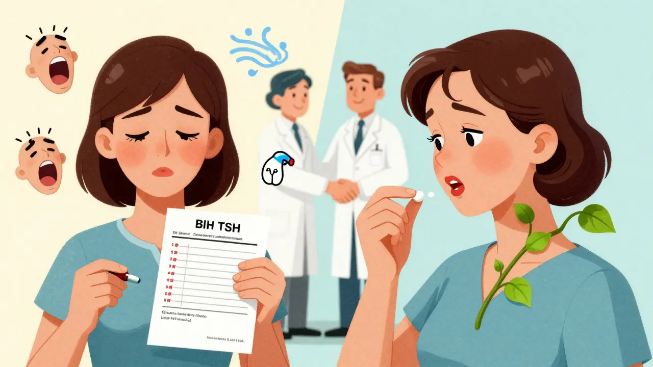 A woman managing lithium-induced fatigue with levothyroxine and selenium, symbolized by healing vines and medical support.