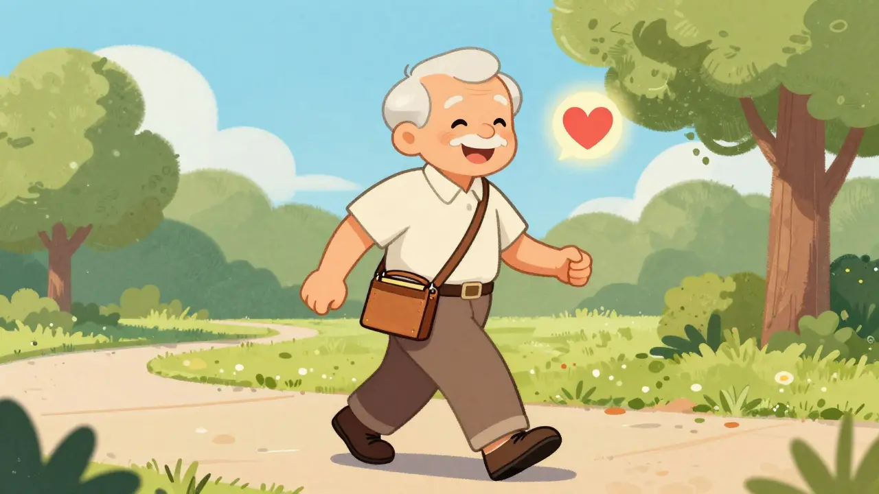 Healthy smiling person walking with heart symbol and full wallet.