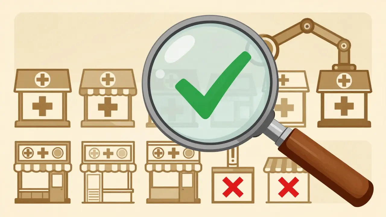 Magnifying glass examining shop windows with medical cross symbols