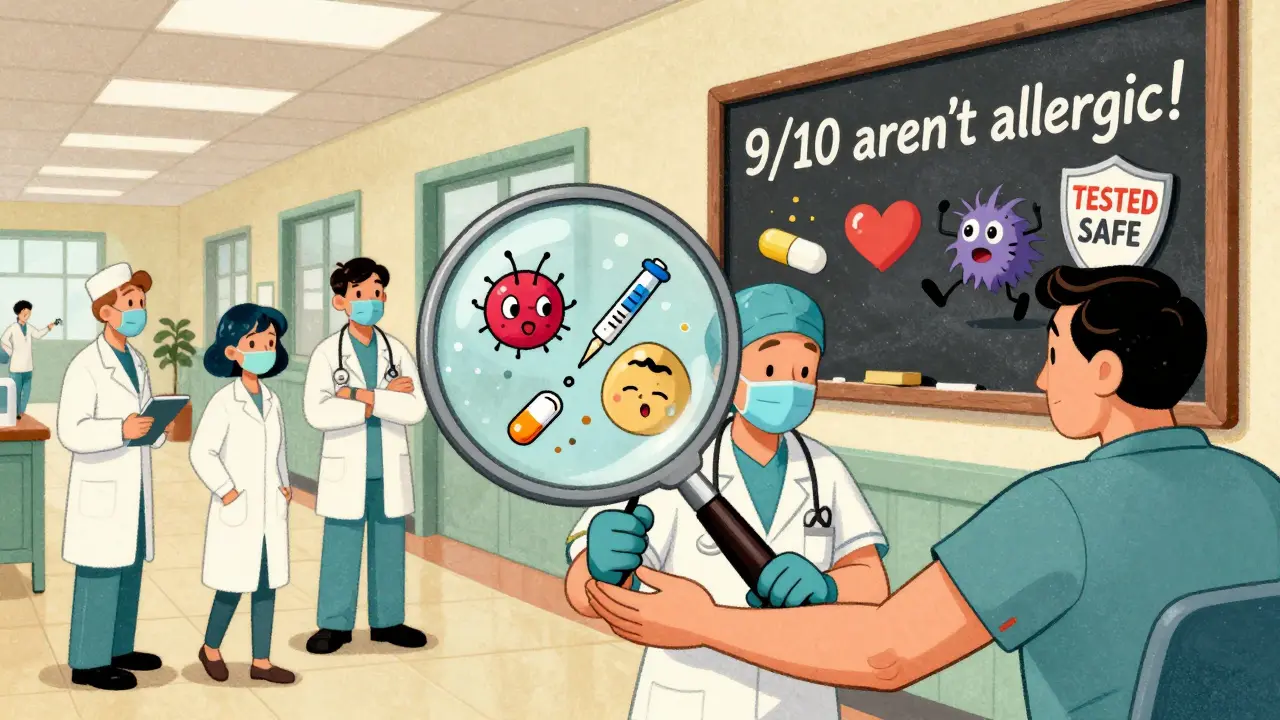 Medical staff using a magnifying glass to reveal three types of drug allergy tests on a patient's arm, with icons showing improved health outcomes.