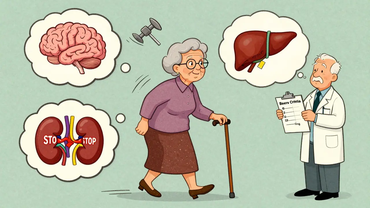 Older woman walking with cane, thought bubbles show drug effects, doctor adjusts her dosage, cartoon style with motion lines and pastel tones.