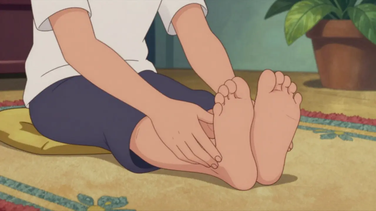 Person stretching foot by pulling toes backward vintage art