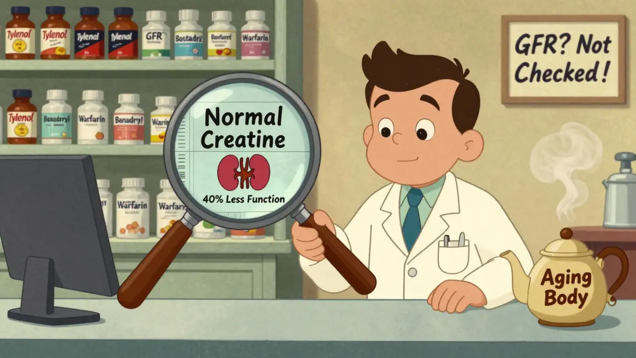 Pharmacy scene with exaggerated blood test showing normal creatinine but kidney at 40% function, shelves filled with common senior medications.