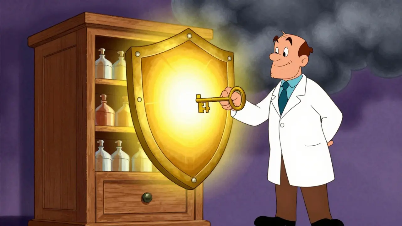 Shield protecting medicine cabinet from storm clouds