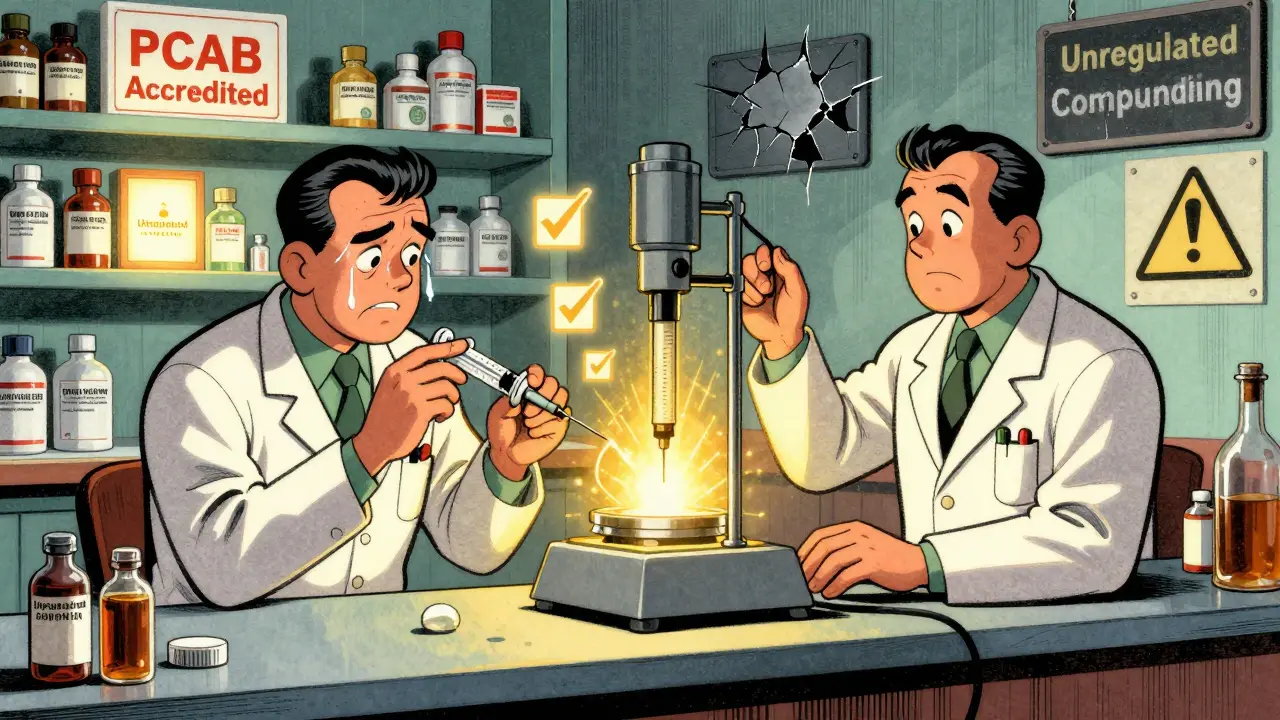 Two pharmacists at a counter—one using a syringe, the other a precision scale—with contrasting safety labels.