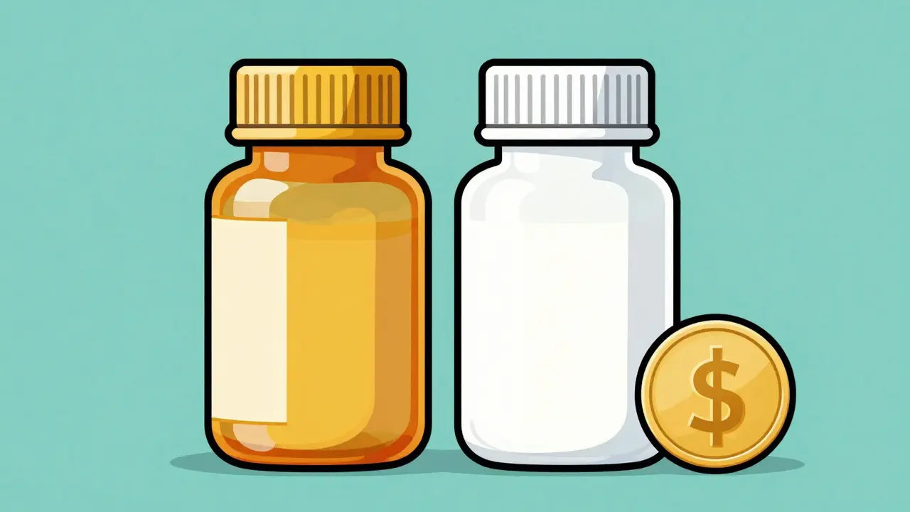 Two pill bottles comparing brand and generic costs with a coin.
