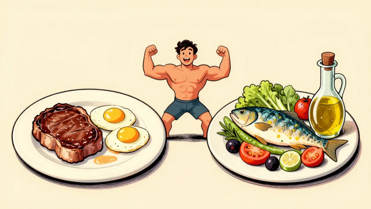 A comparison of keto and Mediterranean meals in a nostalgic vintage cartoon illustration.
