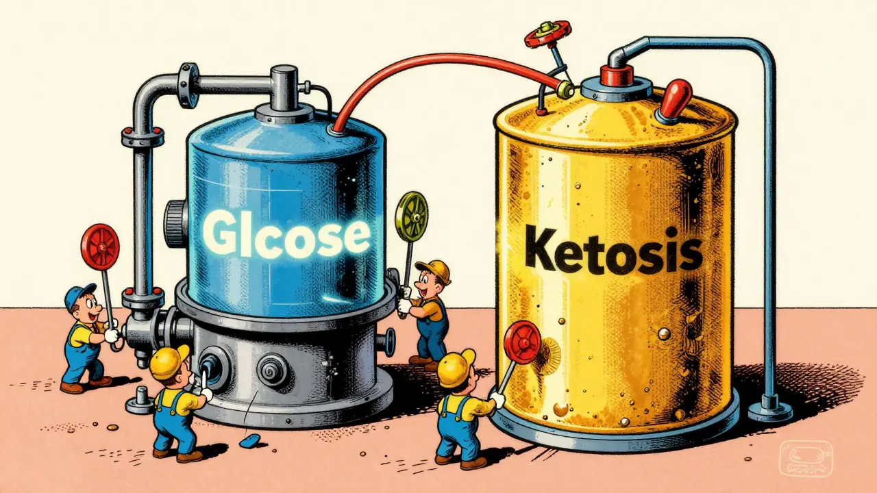 A stylized internal engine switching from sugar to fat fuel in a mid-century comic art style.