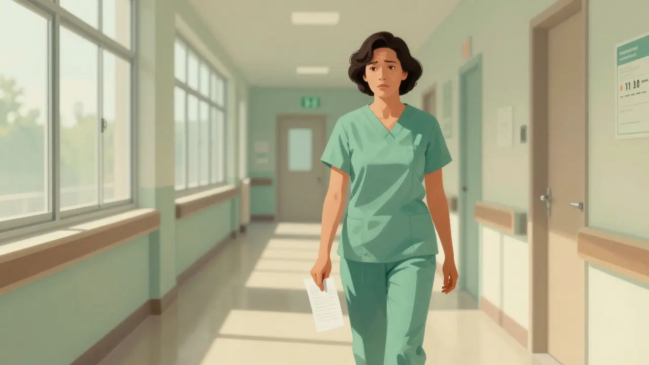 Calm patient walking down hallway holding a document