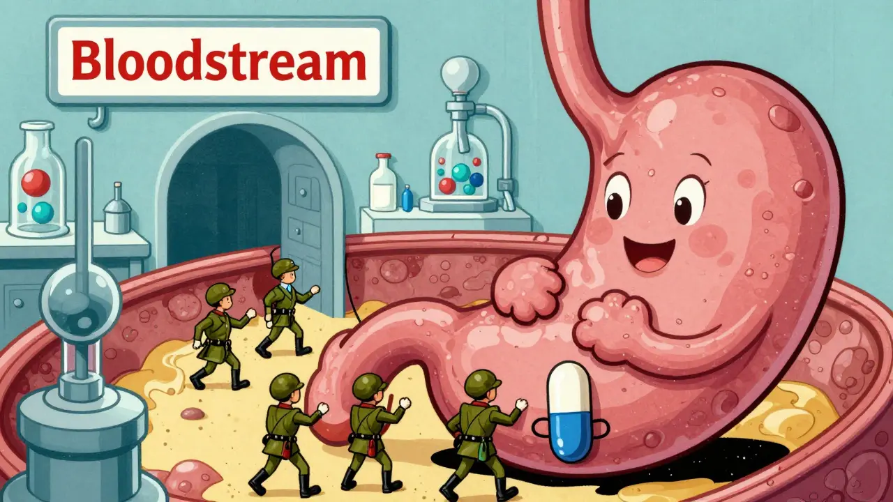 Cartoon illustration of calcium ions blocking antibiotic molecules from entering the bloodstream.
