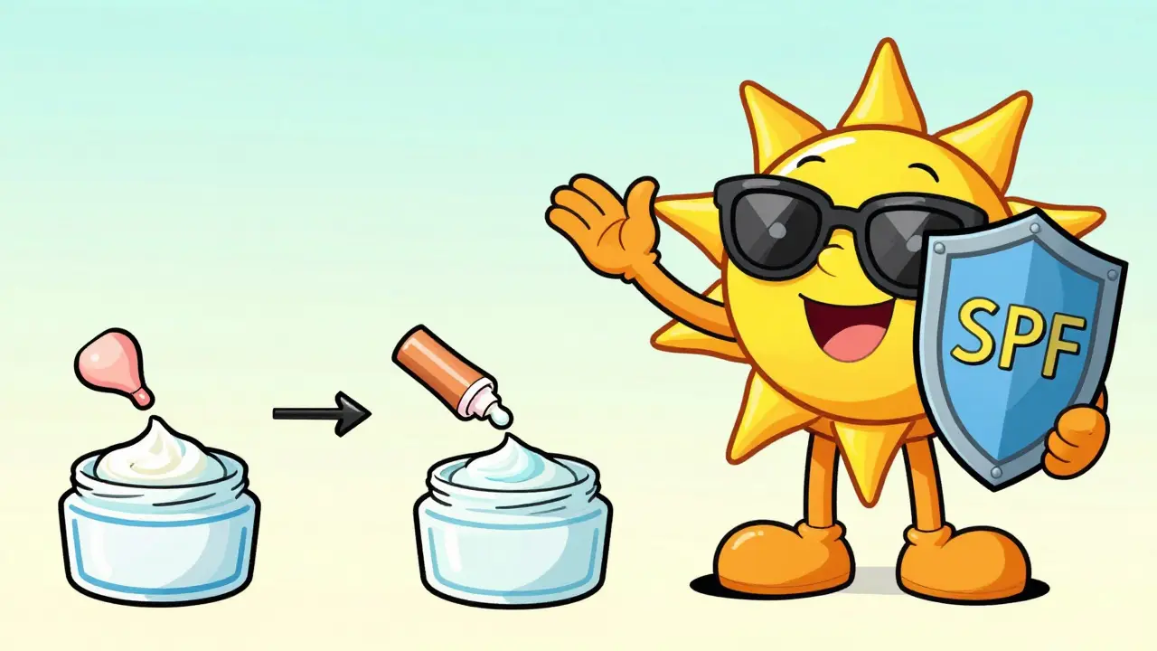 Character applying the skin sandwich method and using sunscreen in retro cartoon style.