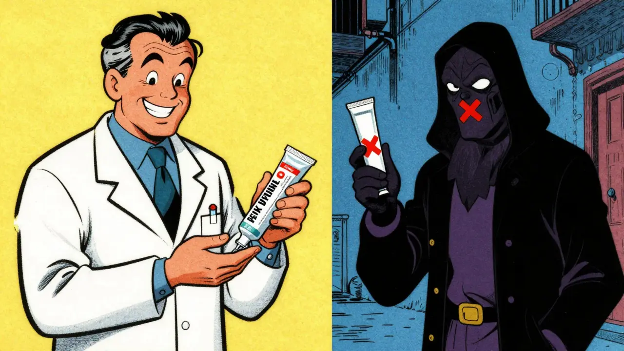 Comparison between a licensed doctor and a shady seller in vintage comic art.